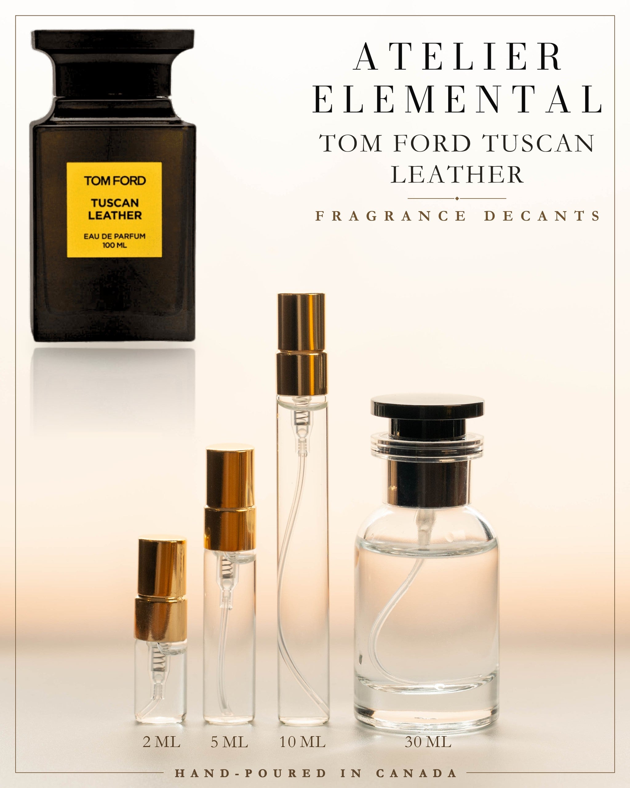 Atelier Elemental decant card - Tom Ford Tuscan Leather Edp in 2ml 5ml 10ml 30ml sizes