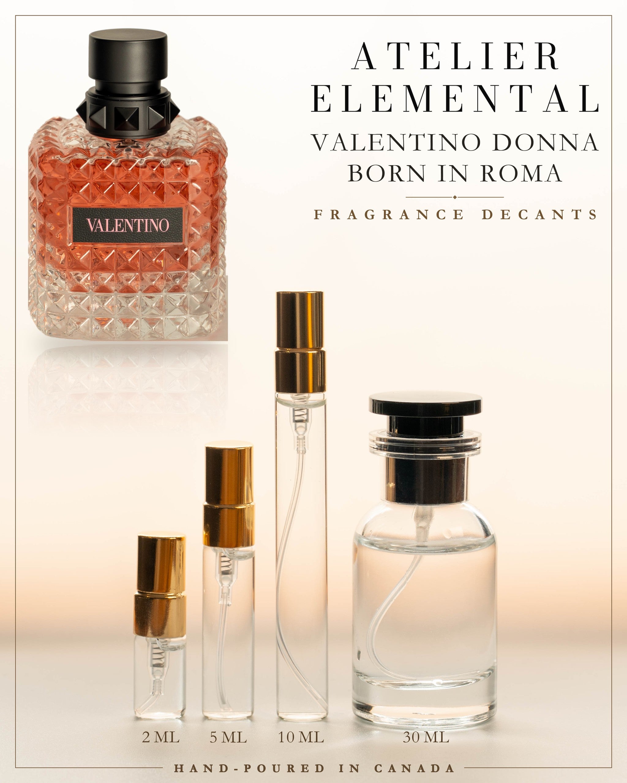 Atelier Elemental decant card - Valentino Donna Born In Roma Edp in 2ml 5ml 10ml 30ml sizes