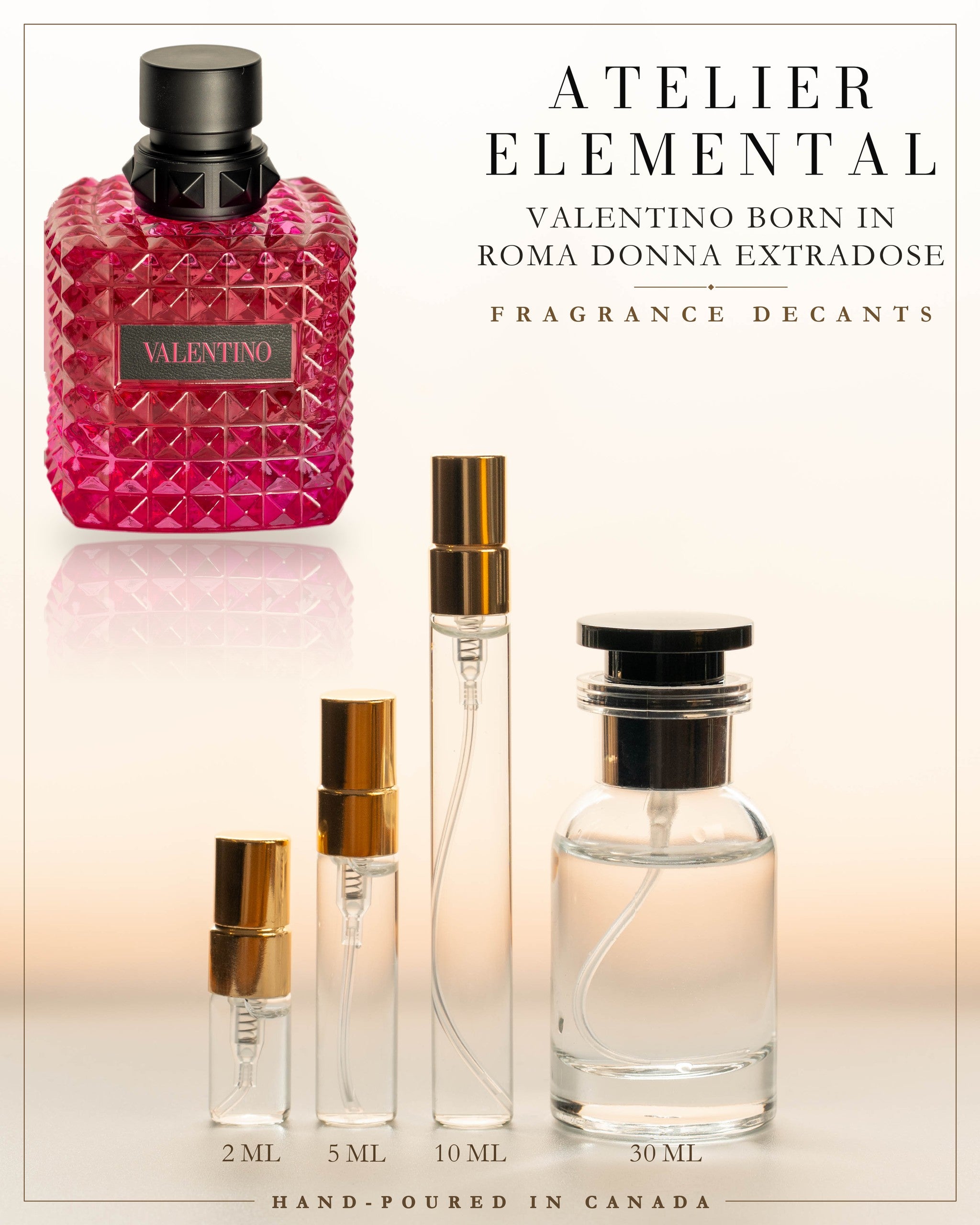 Atelier Elemental decant card - Valentino Born In Roma Donna Extradose Parfum in 2ml 5ml 10ml 30ml sizes
