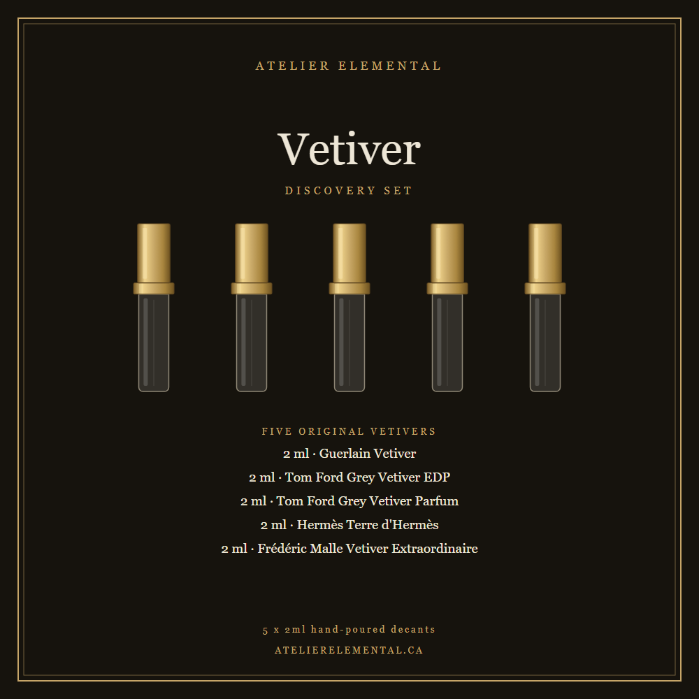 Vetiver Discovery Set card: Guerlain Vetiver, Tom Ford Grey Vetiver EDP, Tom Ford Grey Vetiver Parfum, Hermès Terre d’Hermès, and Frédéric Malle Vetiver Extraordinaire, 2ml each