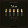 Vetiver Discovery Set card: Guerlain Vetiver, Tom Ford Grey Vetiver EDP, Tom Ford Grey Vetiver Parfum, Hermès Terre d’Hermès, and Frédéric Malle Vetiver Extraordinaire, 2ml each